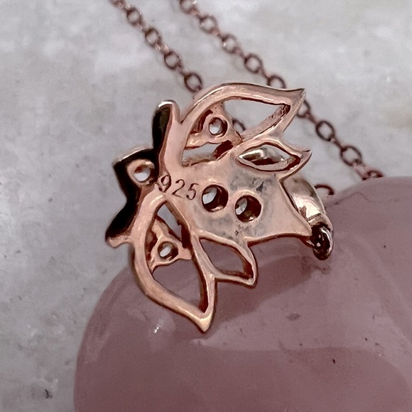 Galilea Rose Quartz White Zircon 14K RG Sterling Silver Lotus On Heart Necklace - Picture 10 of 10